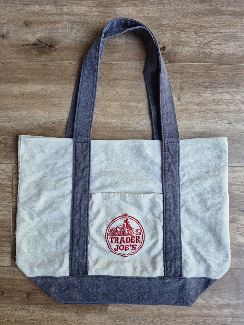 Vintage Trader Joe's Large Canvas Tote Bag Embroidered Front Pocket Denim - Picture 5 of 7